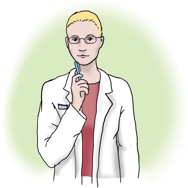 Wissenschaftlerin, die nachdenklich einen Kugelschreiber an ihr Kinn hält, sie trägt einen Kittel